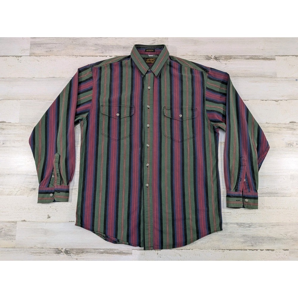 Vintage Eddie Bauer McKinley Cloth Striped Shirt Mens Large Tall USA Made Green